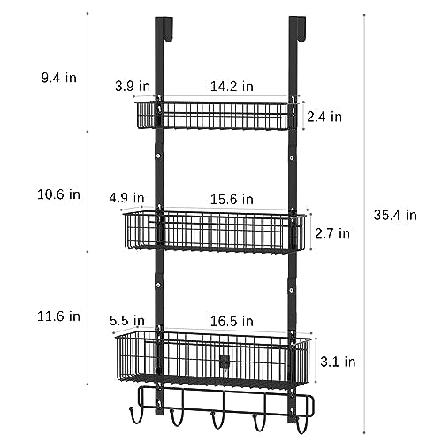 CADUKE Black Over The Door Organizer Over The Door Hooks with Basket Storage Door Towel Racks for Bathroom Door Storage Rack with 5 Hooks 3-Tier Door Hanger Basket for Kitchen - color: Black