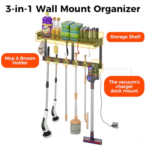 Broom Holder Wall Mount with Shelf, Black, L - color: Black, size: L