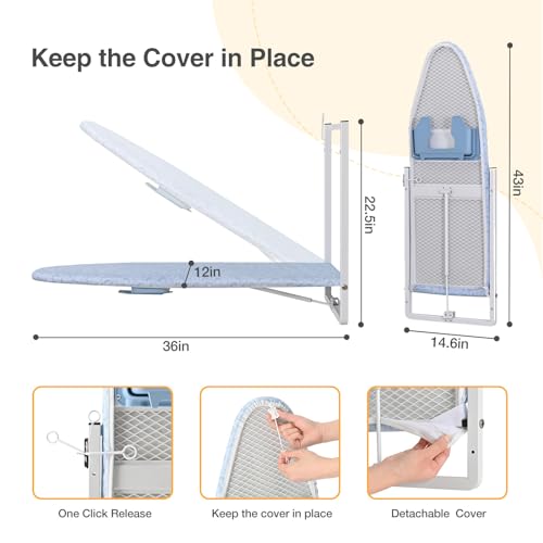 KINGBOARD Wall Mounted Ironing Board with Iron Storage, Foldable Iron Board - color: Light Blue