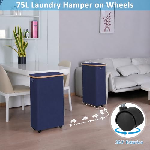 efluky Slim Laundry Hamper with Wheels, Narrow Laundry Basket with Lid and Removable Bag, Aesthetic Dirty Clothes Hamper on Wheels for Laundry Room, Bedroom, Dorm and Bathroom, 75L Beige - color: Blue, size: 75L