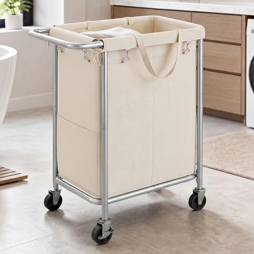 SONGMICS HOME Rolling Laundry Basket with 2 Compartments, 37-Gallon Laundry Hamper with Wheels, Removable Liner, White - color: White, style: 140 L (2-Section)