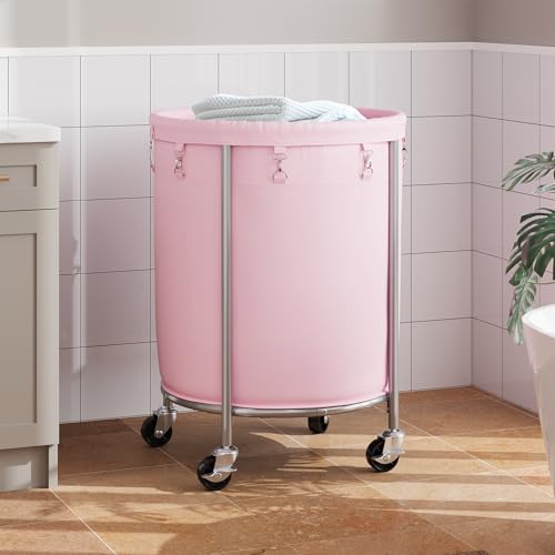ELYKEN Laundry Basket with Wheels, Round Rolling Laundry Hamper, Pink - color: Pink, size: 190L