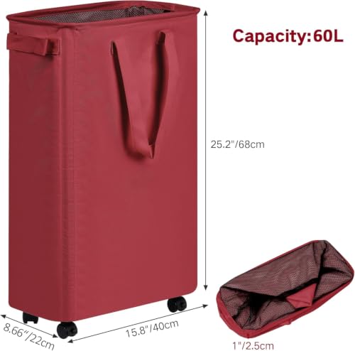 efluky Slim Laundry Hamper with Wheels, Rolling Laundry Basket for Clothes, Small Laundry Basket for Bedroom, Dorm and Laundry Room, 60L (12.7 Gallons) Red - color: Red, size: 60L