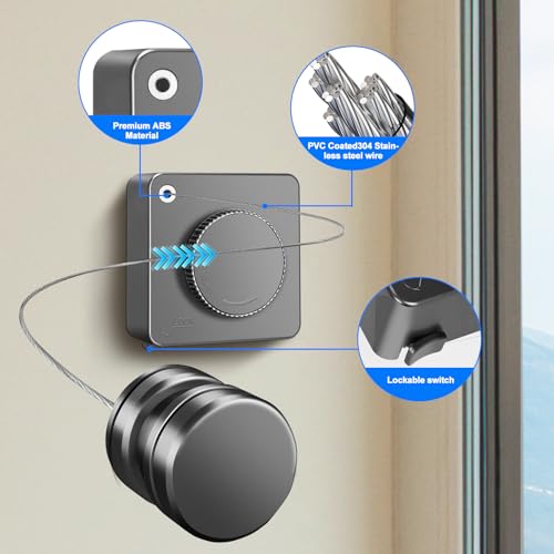 15.7Ft Retractable Clothesline Indoor is Also an Anti-sag Retractable Clothesline Outdoor,Stainless Steel Wire Laundry line Retractable for Drying Clothes ,with 12 Clip (Grey) - color: Gray