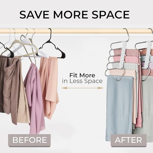 MORALVE Pants Hangers Space Saving - 2 Pack - Non-Slip Multi-Layer Space Saving Hangers - Multifunctional Clothing Rack for Closet Storage - Ideal for Jeans, Trousers, Skirts, Scarves & Slacks (White) - color: White, size: 2 Pack