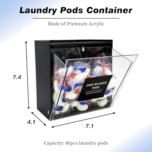 Laundry Pods Container, Acrylic Wall Mounted Organizer with Extra Labels, Candy Dispenser Coffee Pod Holder Dishwasher Pods Case for Home,Kitchen, Office, Black