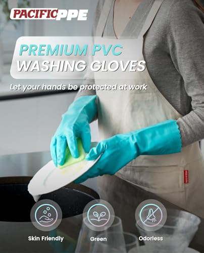PACIFIC PPE 2 Pairs Dishwashing Gloves, Cotton Flocked Liner, Green, Large - color: Green, size: Large (Pack of 2)