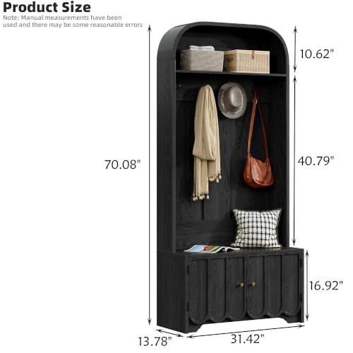 Narrow Entryway Hall Tree with Storage Bench, coat rack with shoe storage, 4 Double Hooks, Fluted Doors and Adjustable Shelves, Arched Multiple Storage for Hallway, Black - color: Black Oak-1