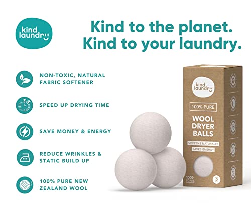 KIND LAUNDRY Wool Dryer Balls (3-Pack) & Detergent Sheets - Eco-Friendlier, Organic and Reusable Fabric Softener