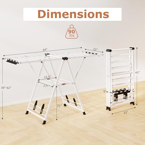 GIANTEX Foldable Metal Clothes Drying Rack, 64" Height Adjustable Wings - color: White, size: 64"L x 39"-62"H