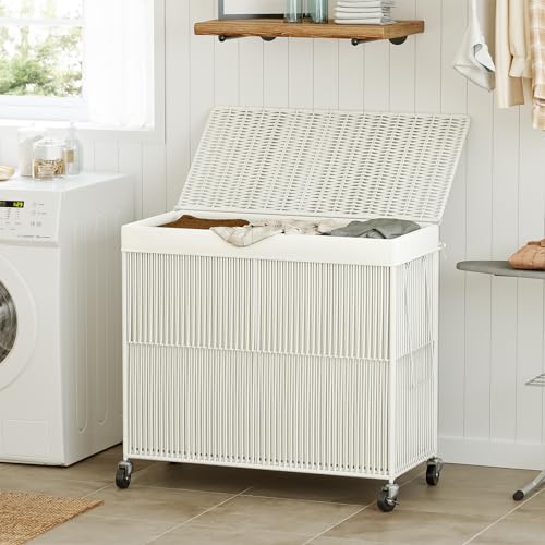 WOWLIVE Laundry Basket 3 Section, Handwoven Laundry Hamper with Wheels - color: Creamy White, size: 150l(28.4 X 13 X 26.4 Inches)