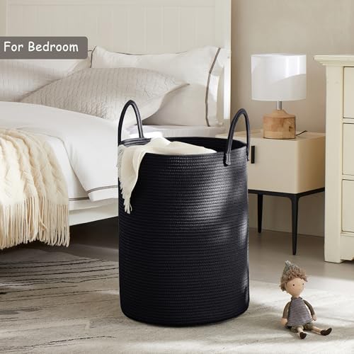 60L Black Laundry Basket Hamper Woven Rope Clothes hamper - color: Black, size: Large (60L)
