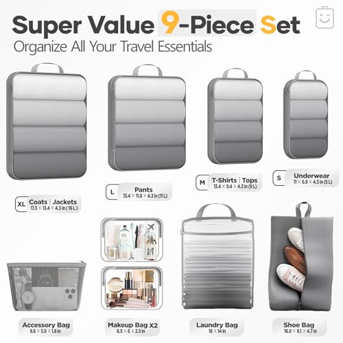 Veken 9/11 Set Compression Packing Cubes for Travel Essentials,Compressible Expandable Large Luggage Suitcase Organizer Bags for Clothing,Space Saver Bags with Over 1000 pcs of Mesh Holes(Gray) - color: Gray, size: 9 set