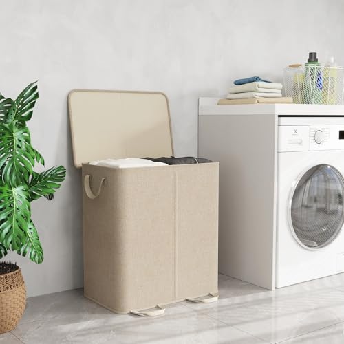 Lifewit Double Laundry Hamper with Lid, Removable Laundry Bags, Beige - color: Beige, size: 155L