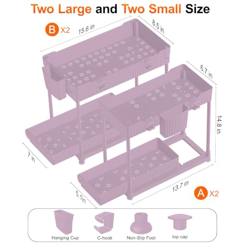 Sevenblue 4-Pack 2-Tier Under Sink Organizer with Pull Out Drawers - color: Pink, size: 14.8 Inch