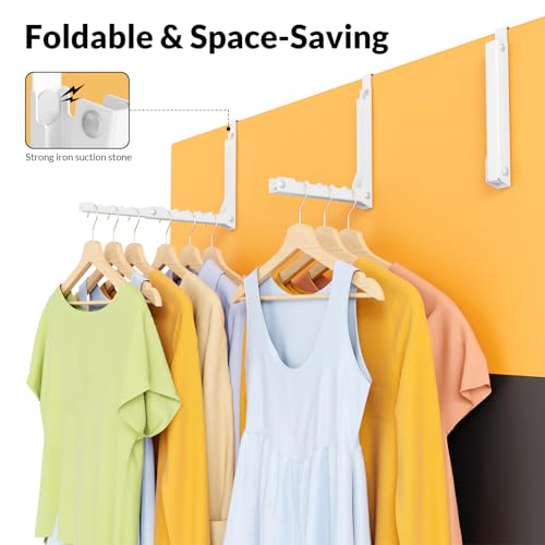 Collapsible Over The Door Clothes Hanger Rack, Heavy Duty Metal Folding Door Hook with Magnetic Hold, 10 Slot Garment Organizer for Laundry Room, Bathroom, Closet, Fits Doors Up to 1.8 Inch - color: 2 Pack, White(Dual Fold)