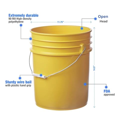 5 Gallon Food Grade Plastic Bucket, Open Head Pail with Handle, 12-3/8 in Diameter x 14-3/4 in Height (Yellow, 2 Pack) - color: Yellow, size: 2 Pack