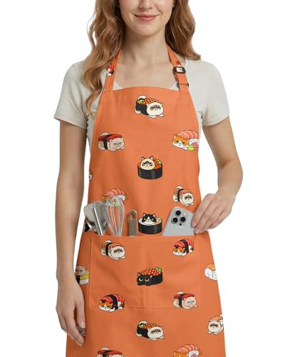 Women Apron, Cute Kitchen Aprons for Women, Girls - color: Orange Sushi Cat