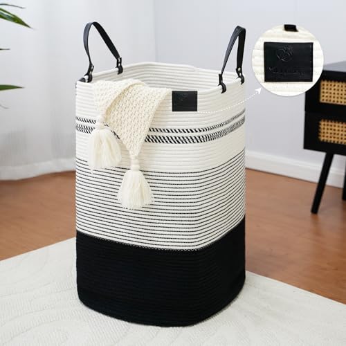 danpinera 75L Woven Laundry Hamper with Long Leather Handles, Baby Laundry Basket for Nursery, Tall Hampers for Bedroom Aesthetic, Decorative Clothes Storage Basket for Family White & Black - color: White & Black, size: 75L Square