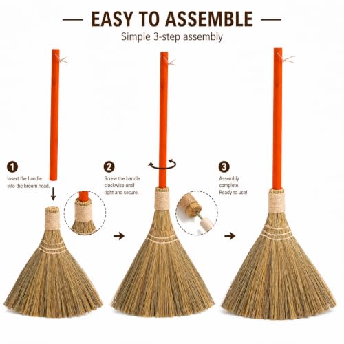 Vietnam Handmade Straw Broom with Orange Wooden Handle - Soft Natural Grass Whisk Broom for Home, Kitchen, Bedroom & Garage, 12.2" Wide x 27.95" Long - style: Orange