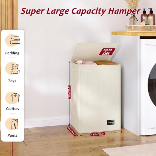110L Laundry Hamper with Lid, Reinforced Sturdy Large Laundry Hamper with Handle and Lid, Collapsible Clothes Basket Organizer with Removable Liner Bag, Tall Dirty Clothes Bin for Dorm Bedroom - color: Beige, size: 110L