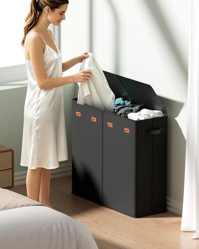 185L Laundry Hamper 4 Section with Lid & Removable Bags - color: Black, size: 185L - 4 Section