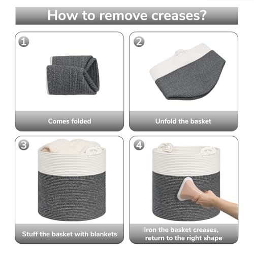 Goodpick Woven Rope Blanket Basket Living Room, 40L, Dark Grey - color: Dark Gray, size: 15 × 14.2 inches
