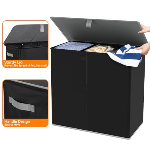 WOWLIVE Laundry Hamper with Lid, 180L Large Laundry Basket 3 Section - color: Black, size: 180l (31.5x 12.2 X 27.5 Inches)