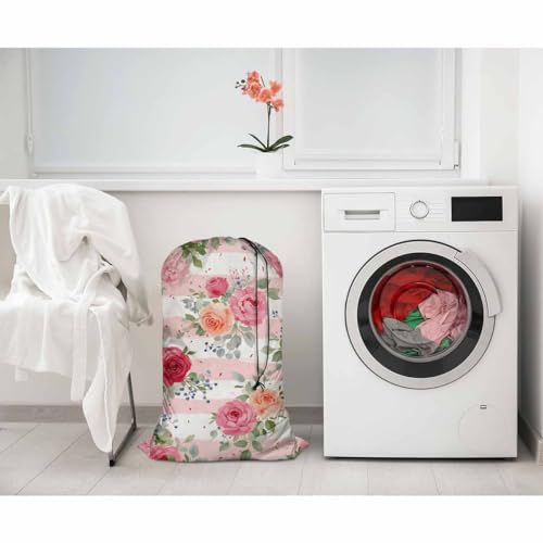 Swono Pink Rose Dining Toy Storage Heavy Duty Basket Laundry Bag with Drawstring Romantic White Peony Bouquets Folding Organizer for Travel Washing Machine, 28x40 Inch, Striped - color: Pink Rose