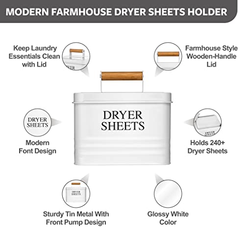 Calindiana Modern Farmhouse Metal Laundry Dryer Sheets Holder Fabric Softener Dispenser with Lid for Laundry Room Decor and Accessories and Space Saving Laundry Organization and Storage, White - color: White