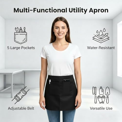 Waterproof Server Apron with 5 Large Pockets, Waist Apron for Women and Men, Cleaning Apron Utility Tool Belt for Waitress Housekeeping Gardening Barista Work Apron, Black