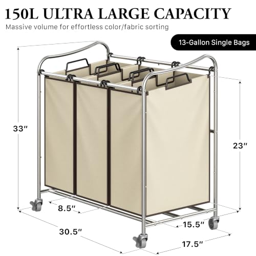 Simple Houseware Heavy Duty 3-Bag Laundry Sorter Rolling Cart, Chrome - color: Chrome