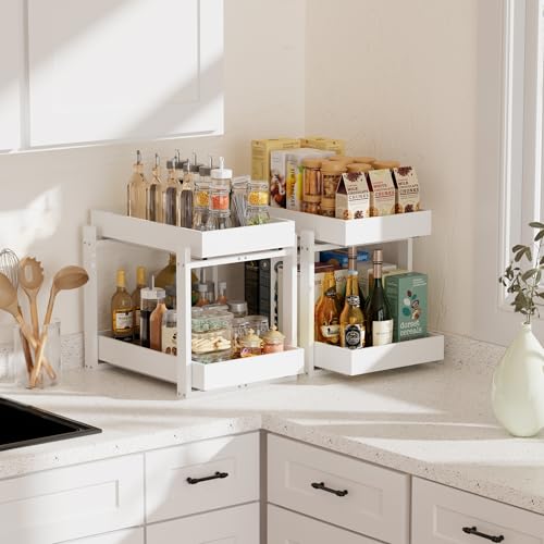 APRTAT 2 Pack Bamboo Under Sink Organizer, 2-Tier Pull Out Storage Drawers - color: White, size: 1 Pack