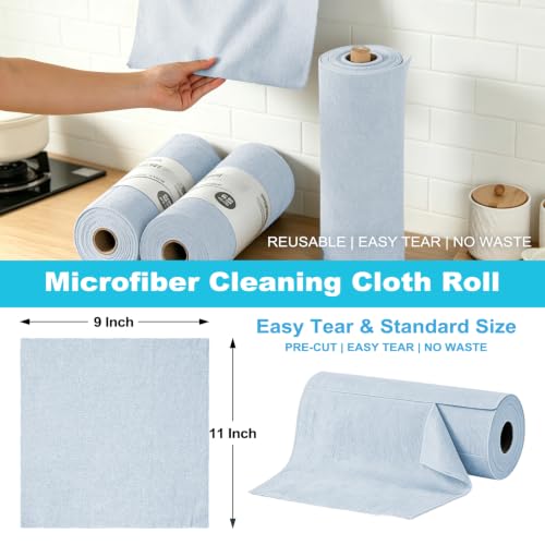 Puomue 55 Pack Microfiber Cleaning Cloth Roll, Tear Away Reusable Paper Towels, 11" x 9", Ultra Absorbent & Lint Free Microfiber Cloth for Cleaning Cars, Kitchen, Window, Home and Shop, Light Blue - color: Light Blue, size: 9”x11”-55PK