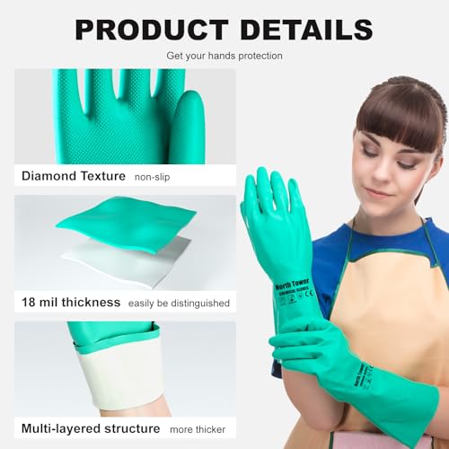 North Tower 10 Pairs Chemical Resistant Nitrile Gloves, Resist Household Acid, Alkali, Solvent and Oil, Latex Rubber Free - size: Large(10 Pair)
