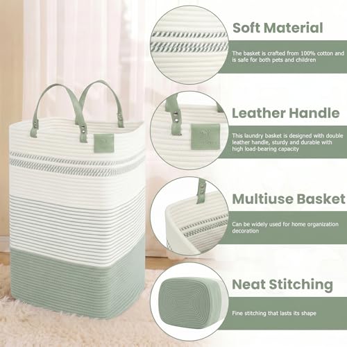 danpinera 100L Nursery Hamper, Tall Woven Laundry Basket with Long Leather Handles, Boho Laundry Hamper for Living Room, Eco-friendly & Convenient Decorative Storage Basket, White & Light Green - color: White & Light Green, size: 100L Square