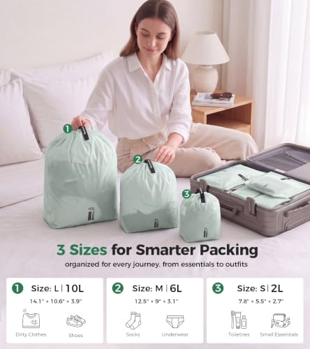 P.travel 3 Pack Travel Laundry Bags for Suitcases, Lightweight Water-Resistant Drawstring Bags for Dirty Clothes, 3 Sizes Reusable Luggage Organizer Bags for Travel, Gym & Swim, Green - color: Green