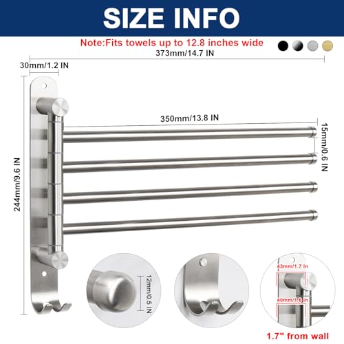 NearMoon Swivel Towel Rack, 13.8" Thicken 304 Stainless Steel 4-Arm Towel Bar, Space Saving Wall Mounted Towel Holder with Hook, Rustproof Swing Out Towel Hanger for Bathroom, Kitchen (Brushed Nickel) - color: Brushed Nickel, size: 13.8 Inch-Round