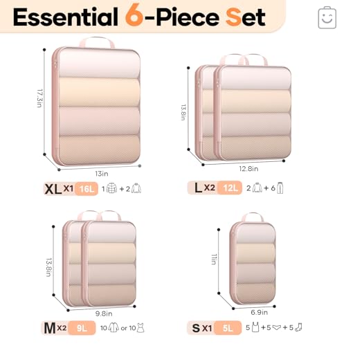 Veken 6/9/11 Set Compression Packing Cubes for Travel Essentials,Compressible Expandable Large Luggage Suitcase Organizer Bags for Clothing,Space Saver Bags with Over 1000 pcs of Mesh Holes(Beige) - color: Beige, size: 6 set