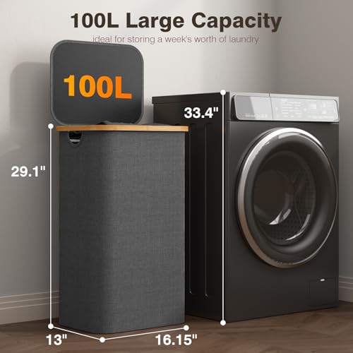 Bathola Laundry Hamper with Lid, Laundry Basket with Removable Bag, Grey - color: Grey, size: 100L