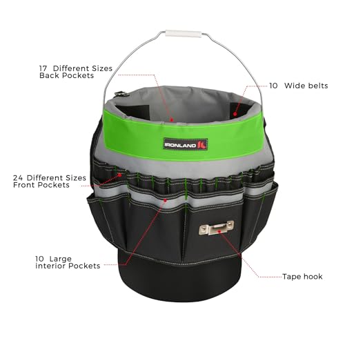 IRONLAND Bucket Tool Organizer Fit 3.5-5 Gallon Bucket, 51 Pockets, Bucket Tool Caddy Organization for Garden, Construction, Carpenter, Electrician, Builder Green & Black - color: Green, size: Medium - 51 Pockets