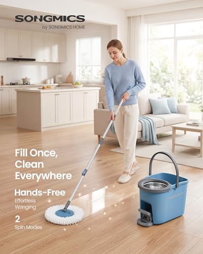 SONGMICS Spin Mop and Bucket Set with Pedal Wringer, 4 Microfiber Pads - color: Blue + Gray, size: 4 Pads
