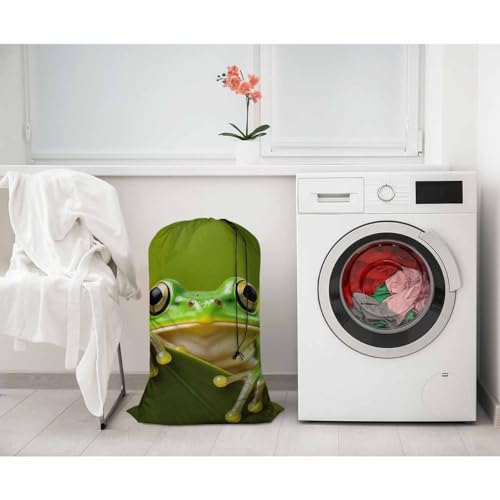 Swono Green Frog Laundry Bag Large Heavy Duty Laundry Backpack with Adjustable Drawstring Closure Frog Peeking Out From Behind The Leaves Laundry Hamper for Traveling Dirty Clothes Organizer - color: Green Frog