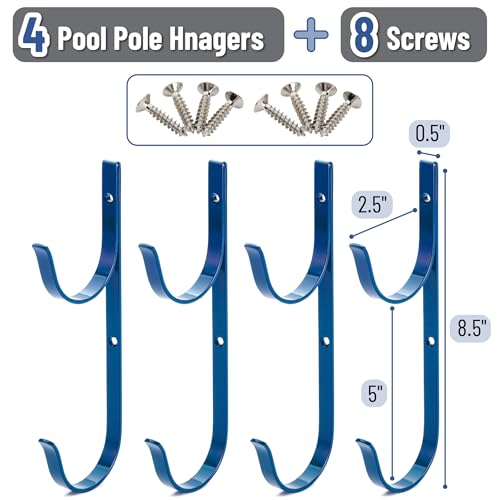 UNCO- Pool Pole Hanger, 4 Pack, Blue, Holder Set, Hooks for Telescopic Poles, Skimmers, Leaf Rakes, Nets, Brushes, Vacuum Hose, Garden Tools and Swimming Pool Accessories - color: Blue, size: 4 Pack