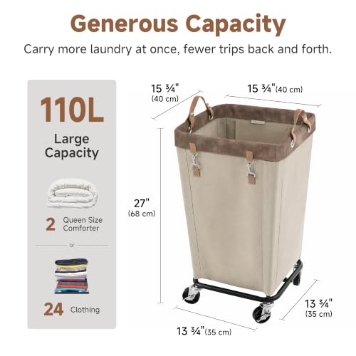 StorageWorks 110L Laundry Basket with Wheels, Rolling Hampers for Clothing - color: Light Khaki, size: 110L