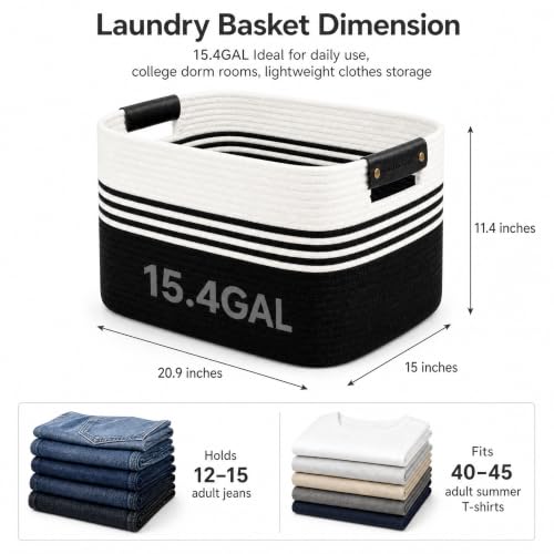 Cotton Rope Laundry Basket Medium, 15.4GAL Collapsible Woven Storage Baskets for Living Room Kids Toys Stuffed Animal,Boho Rectangular Decorative Short Hamper for Dirty Clothes, Blankets White Black - color: WhiteBlack, size: 15.4GAL