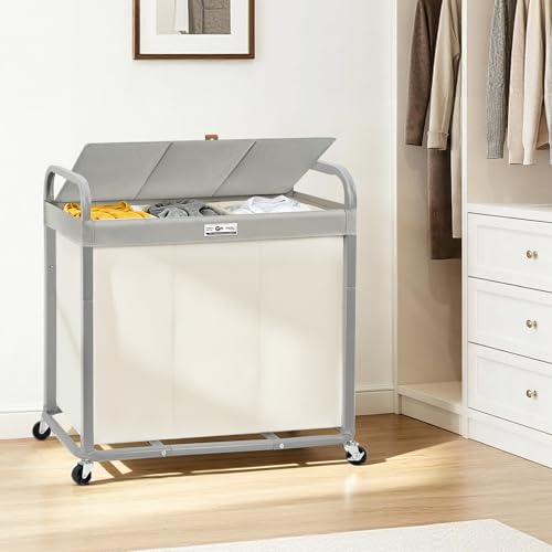 STORAGE MANIAC Laundry Hamper 3 Section with Lid Rolling Laundry Basket - color: Beige
