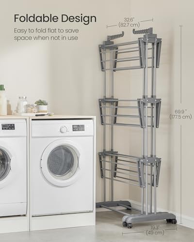 SONGMICS 4-Tier Clothes Drying Rack, Foldable, Rolling, 69.9-Inch Tall - color: Dove Gray, style: 4-Tier + Extendable Rods