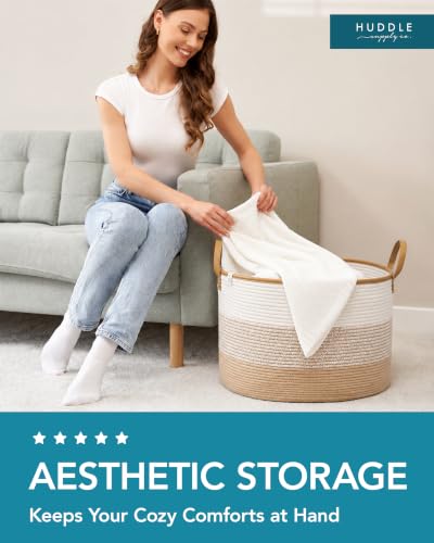 XXXL Vegan Leather Cotton Rope Blanket Durable Handles 85L 2PCs Decorative Woven Baskets for Storage - Soft Durable XXX Large Cotton Rope Blanket Storage Living Room, Toys 22" x 14" (Brown/White) - color: Jute Ombre Vegan Leather, size: XXXL