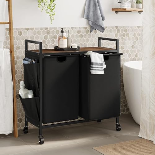 WOWLIVE Double Laundry Hamper with Wheels, Rolling Laundry Basket Organizer - color: Black, size: 110l (30.0 x 13 x 32 Inches)